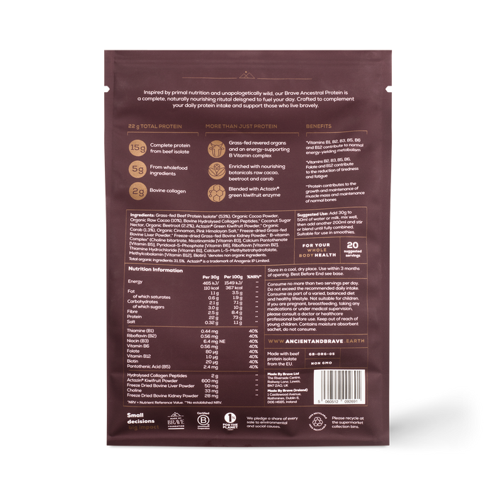 Back view of a protein powder package with text and nutrition information on a white background