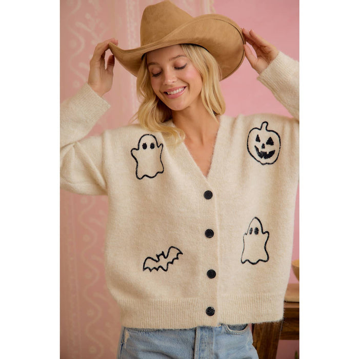 HALLOWEEN GHOST PUMPKIN BUTTON CARDIGAN