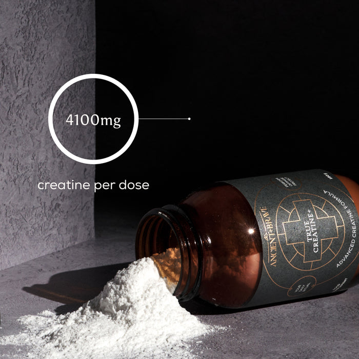 A brown Ancient + Brave True Creatine+ bottle spills white powder onto a gray surface. Text reads 4100mg creatine per dose—an ideal wellbeing gift or part of a True Creatine+ Gift Subscription for health enthusiasts.