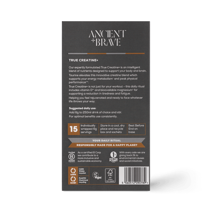Back of an Ancient + Brave True Creatine+ Sachets box displays product description, suggested use, energy and cognitive health benefits, certification icons, barcode, and storage instructions on a white background.