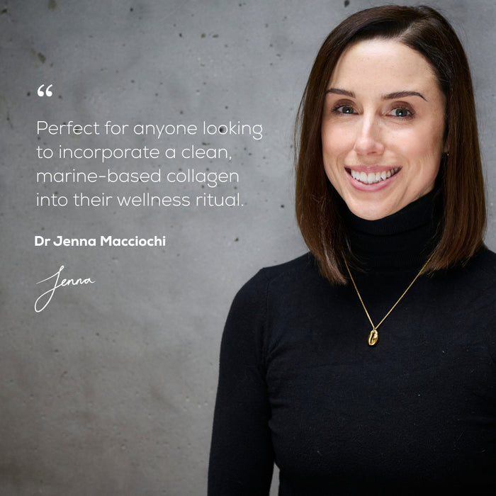 A woman with straight brown hair, wearing a black turtleneck and gold necklace, smiles at the camera. Next to her is a quote about Wild Collagen by Dr. Jenna Macciochi, including her name and signature.