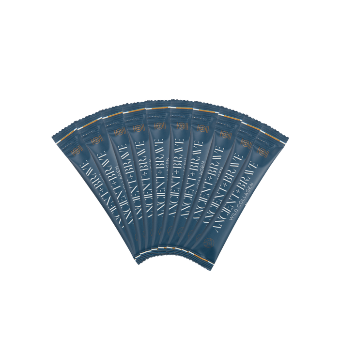 Multiple blue sachets of 'Ancient + Brave's Wild Collagen' on a white background