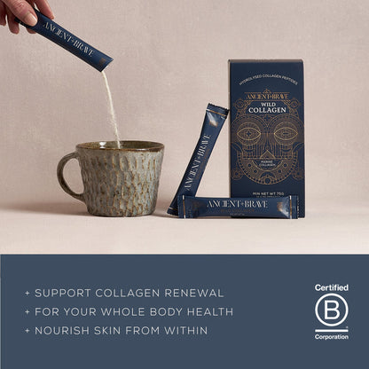 A hand pours Ancient + Brave Wild Collagen Sachets into a ceramic mug beside a box and sachets. Text highlights benefits such as collagen renewal, whole body health, and nourished skin.