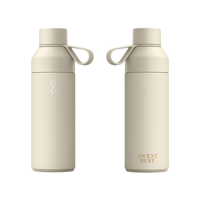 Two beige water bottles with handles on a white background, featuring the brand 'Ancient + Brave'.