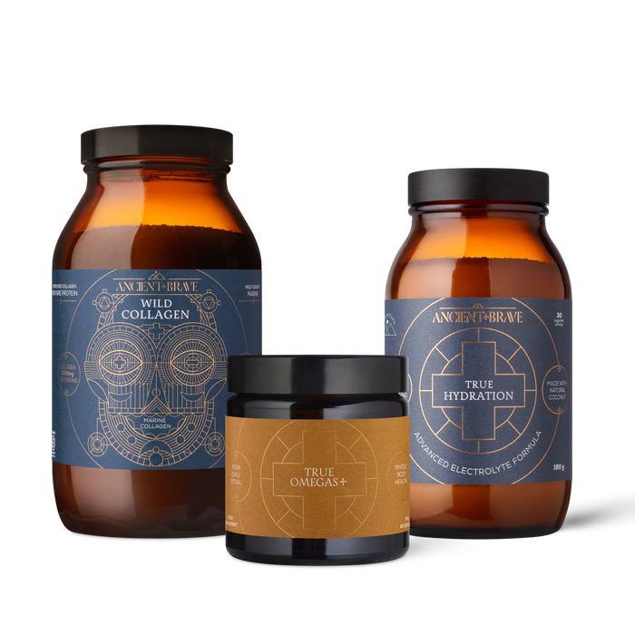 Three supplement jars labeled 'Wild Collagen', 'True Hydration', and 'True Omegas+' on a white background.