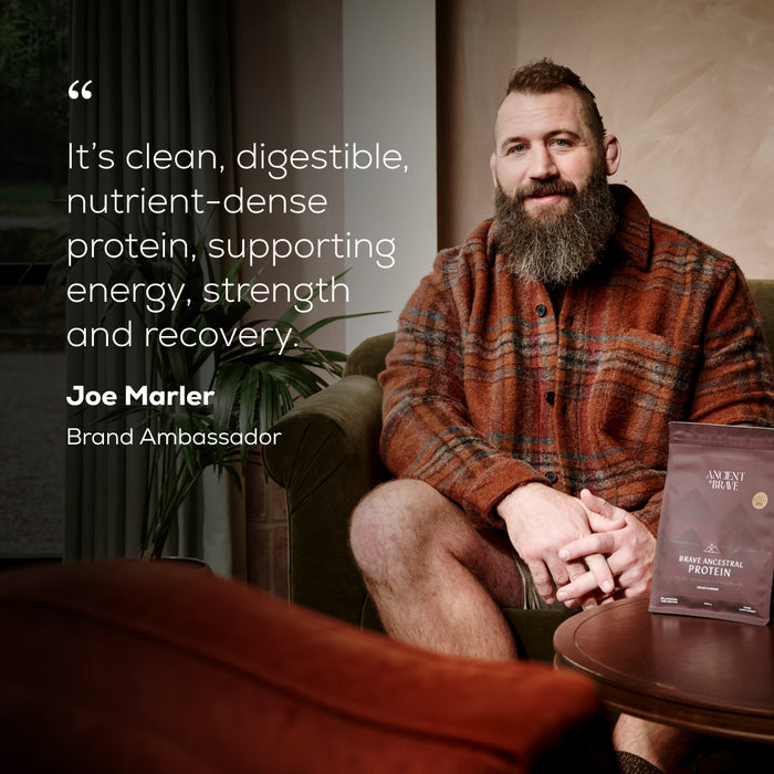 Joe Marler sitting on a couch with a protein powder package and quote about it being nutrient-dense protein for strength and recovery.