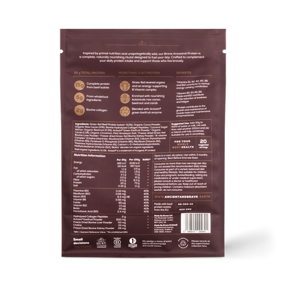 Back view of a protein powder package with text and nutrition information on a white background