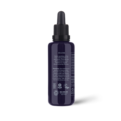 A dark blue dropper bottle labeled Brave Immunity by Ancient + Brave, featuring white text with product and usage details. The bottle has a black dropper cap, showcases several certification icons at the bottom, and emphasizes its blend of organic botanicals and functional mushrooms formulated to help strengthen immunity.