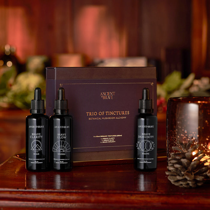 Three black Ancient + Brave Brave Tinctures bottles—Clarity, Glow, and Immunity—are arranged before a brown Brave Tinctures Trio Set box. A pine cone and sprigs of greenery rest on the wooden table behind them, evoking the style of an Ancient + Brave Journal feature that celebrates natural clarity and holistic wellness.