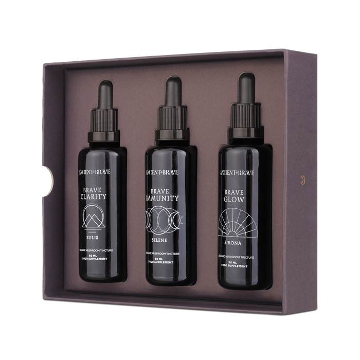 The Ancient + Brave Brave Tinctures Trio Set features three dark tinctures—Brave Clarity, Brave Immunity, and Brave Glow—elegantly arranged in a purple box adorned with white geometric patterns against a white background, making it an ideal choice to kickstart your wellness journey as inspired by the Ancient + Brave Journal.