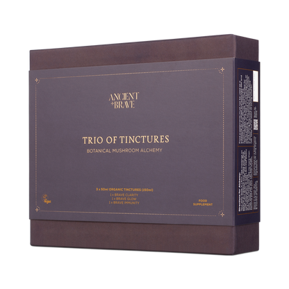 A dark purple box labeled Ancient + Brave—Brave Tinctures Trio Set, featuring product details, promotes clarity and is suitable for vegans. The set contains food supplements and includes insights from the Ancient + Brave Journal.