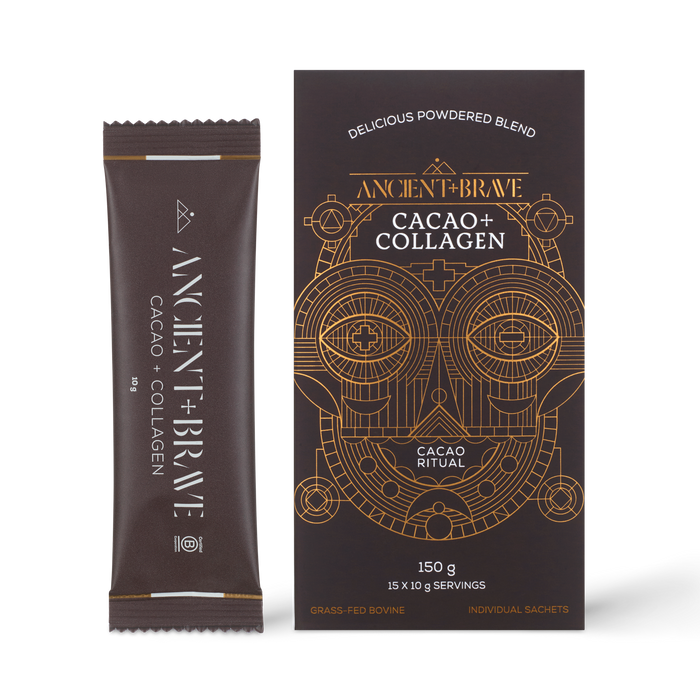 A sachet and box of Ancient + Brave Cacao + Collagen Sachets are displayed, with the box featuring geometric gold artwork of a face, the product name, and details about the cacao ritual and individual sachets. This blend combines raw South American cacao with hydrolysed bovine collagen peptides to support daily skin nourishment.
