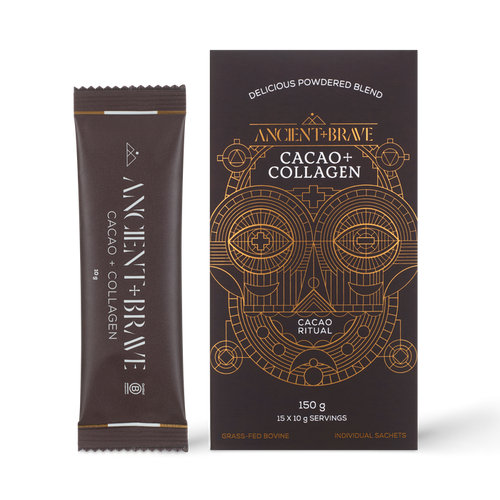 A sachet and box of Ancient + Brave Cacao + Collagen Sachets are displayed, with the box featuring geometric gold artwork of a face, the product name, and details about the cacao ritual and individual sachets. This blend combines raw South American cacao with hydrolysed bovine collagen peptides to support daily skin nourishment.
