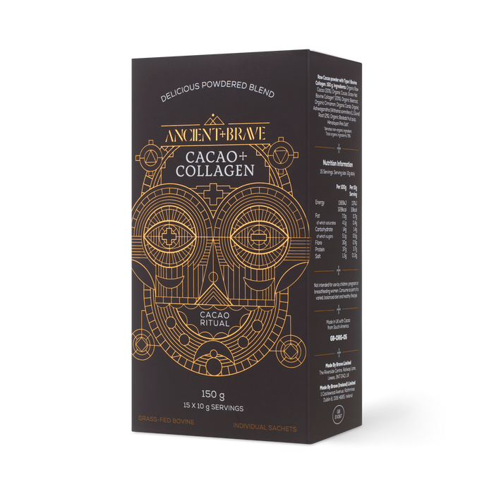 A black box of Ancient + Brave Cacao + Collagen Sachets, adorned with gold geometric designs and detailed product information. Each 150g box contains 15 individual 10g sachets of a ritual cacao drink blend, expertly crafted with raw South American cacao and hydrolysed bovine collagen peptides to support ultimate skin nourishment.