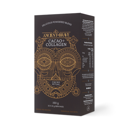 A black box of Ancient + Brave Cacao + Collagen Sachets, adorned with gold geometric designs and detailed product information. Each 150g box contains 15 individual 10g sachets of a ritual cacao drink blend, expertly crafted with raw South American cacao and hydrolysed bovine collagen peptides to support ultimate skin nourishment.