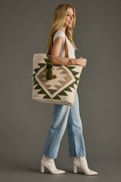 CREAM, GREEN & TAN WESTERN TOTE