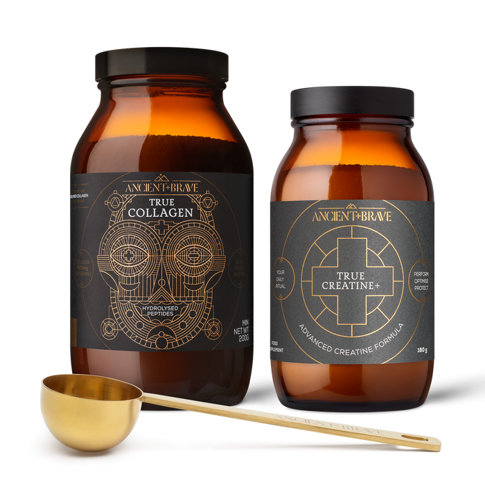 Two brown jars labeled Davina’s Ritual from Ancient + Brave, featuring geometric designs and black and gold labels, are displayed next to a gold metal scoop on a white background.