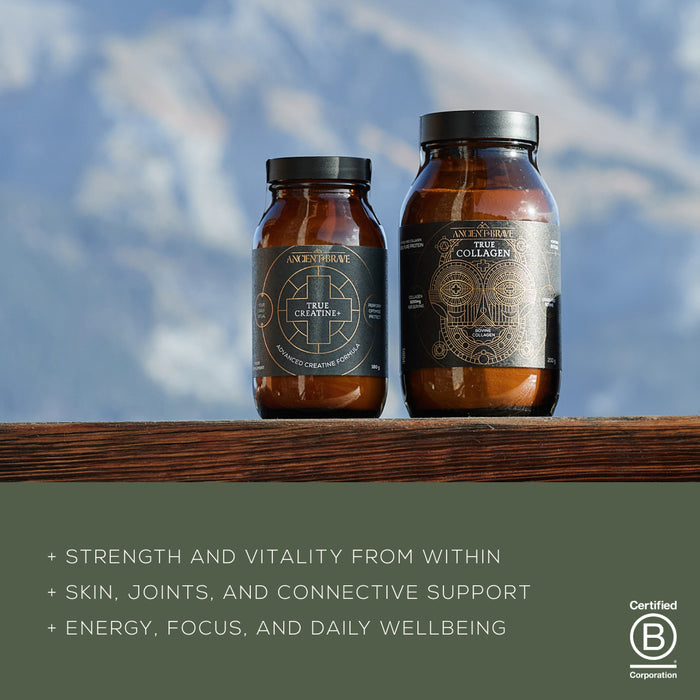 Two brown supplement jars of Davina's Ritual by Ancient + Brave rest on a dark surface before a mountain backdrop, highlighting benefits like strength, vitality, joint support, energy, focus, wellbeing. B Corporation logo is displayed.