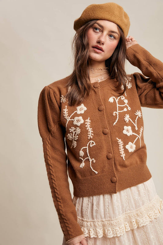 FLORAL EMBROIDERED PUFF SLEEVE CARDIGAN