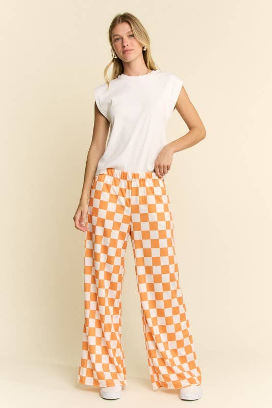 HIGH WAIST CHECKERED STRAIGHT LEG KNIT PANTS: ORANGE + WHITE