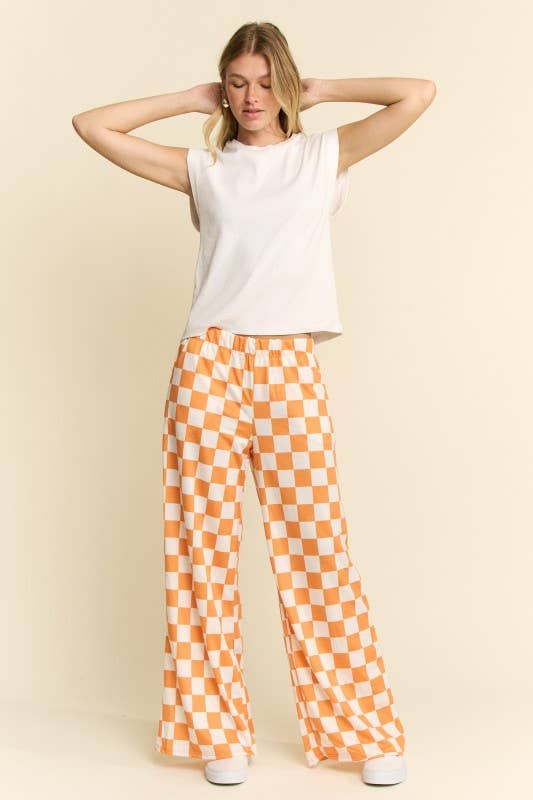HIGH WAIST CHECKERED STRAIGHT LEG KNIT PANTS: ORANGE + WHITE