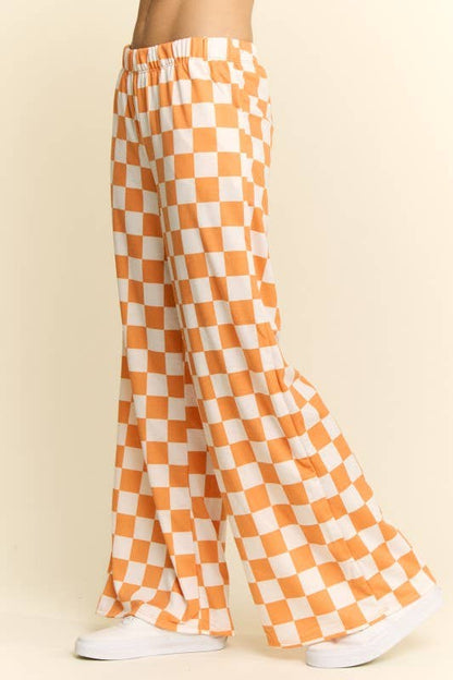 HIGH WAIST CHECKERED STRAIGHT LEG KNIT PANTS: ORANGE + WHITE