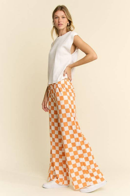 HIGH WAIST CHECKERED STRAIGHT LEG KNIT PANTS: ORANGE + WHITE