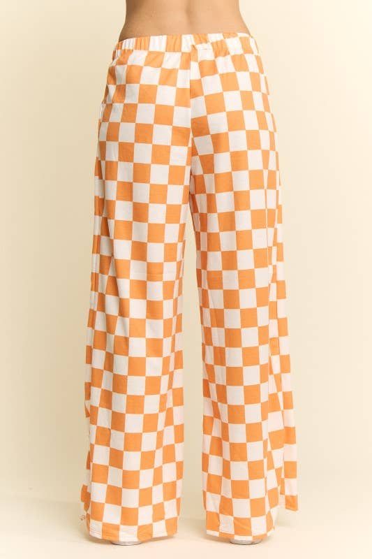 HIGH WAIST CHECKERED STRAIGHT LEG KNIT PANTS: ORANGE + WHITE