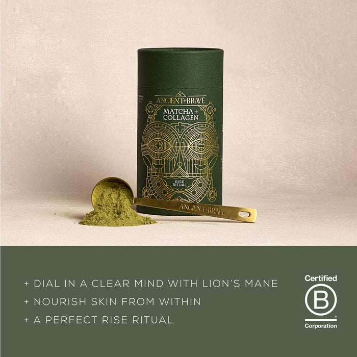 A container of Ancient + Brave Matcha + Collagen in green is displayed next to a gold scoop brimming with vibrant ceremonial grade matcha powder, with highlighted text showcasing benefits like premium collagen peptides and the Certified B Corporation logo, all set against a light background.