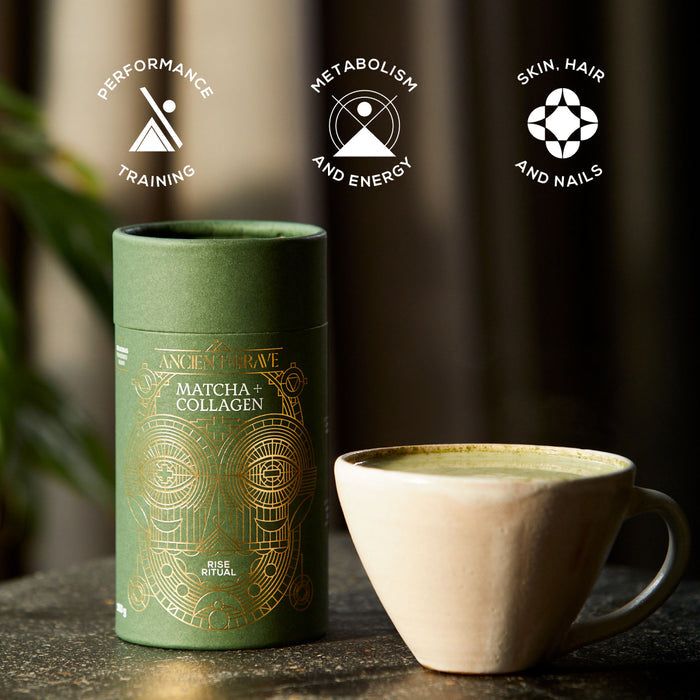 A green canister of Ancient + Brave Matcha + Collagen stands beside a white cup brimming with ceremonial grade matcha. Three icons above showcase key benefits—performance training, metabolism and energy, and support for skin, hair, and nails—delivered by the potent blend of collagen peptides.