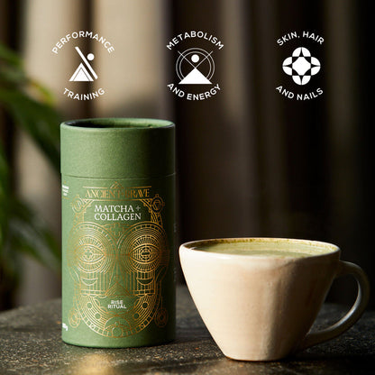 A green canister of Ancient + Brave Matcha + Collagen stands beside a white cup brimming with ceremonial grade matcha. Three icons above showcase key benefits—performance training, metabolism and energy, and support for skin, hair, and nails—delivered by the potent blend of collagen peptides.