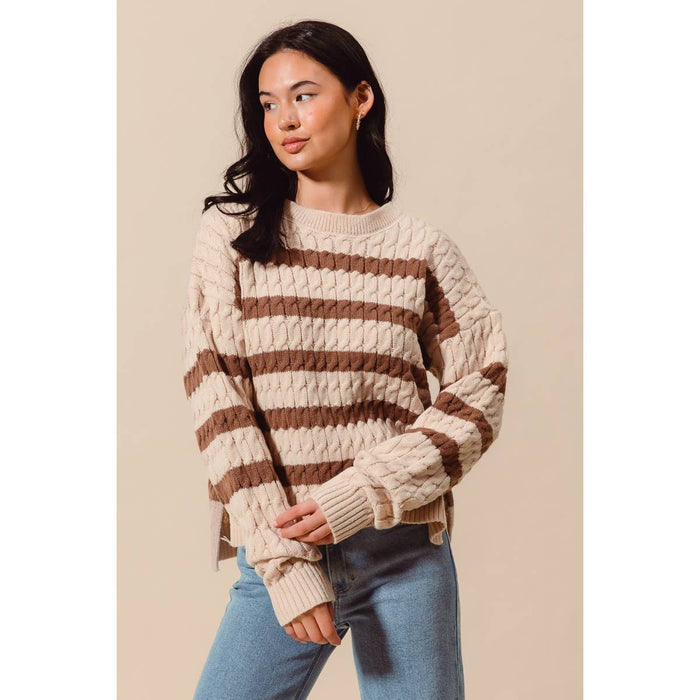 STRIPE CABLE KNIT SWEATER TOP WITH SIDE SLITS