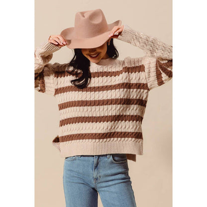 STRIPE CABLE KNIT SWEATER TOP WITH SIDE SLITS