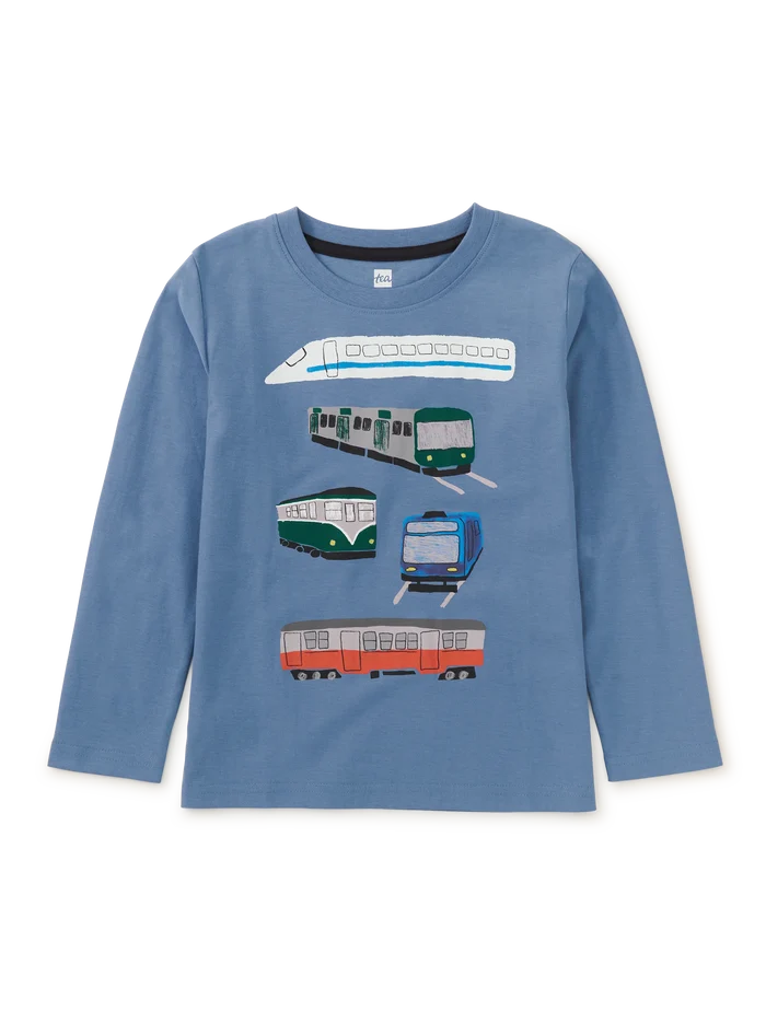 Tea Collection – Long Sleeve Graphic Tee in Trains