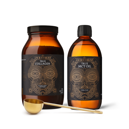 Two bottles of 'True Collagen' and 'MCT Oil' with a gold scoop on a white background