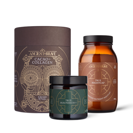 Three health supplement containers from Ancient + Brave on a white background