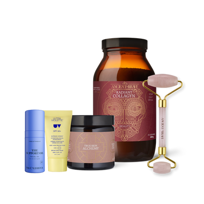 Jar of Radiant Collagyn, True Skin Alchemy, Ultra Violette SPF 50+, The Support Oil and skin roller
