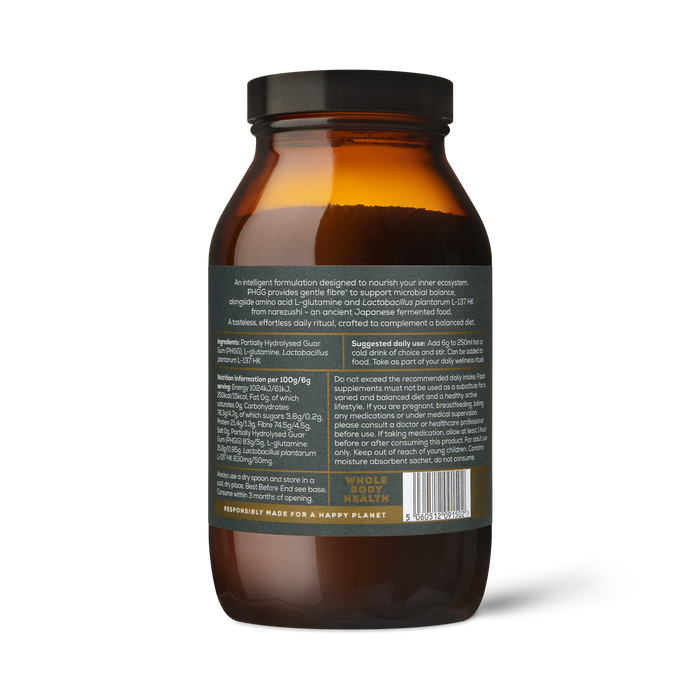 A brown glass jar of Ancient + Brave True Biome features a gray label with white text listing supplement facts, ingredients, and dosage instructions. The jar contains a gut barrier support powder and is displayed against a white background.