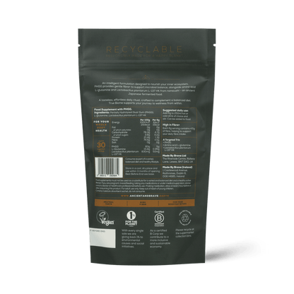 Back view of a dark green package of 'Ancient + Brave True Biome' on a white background