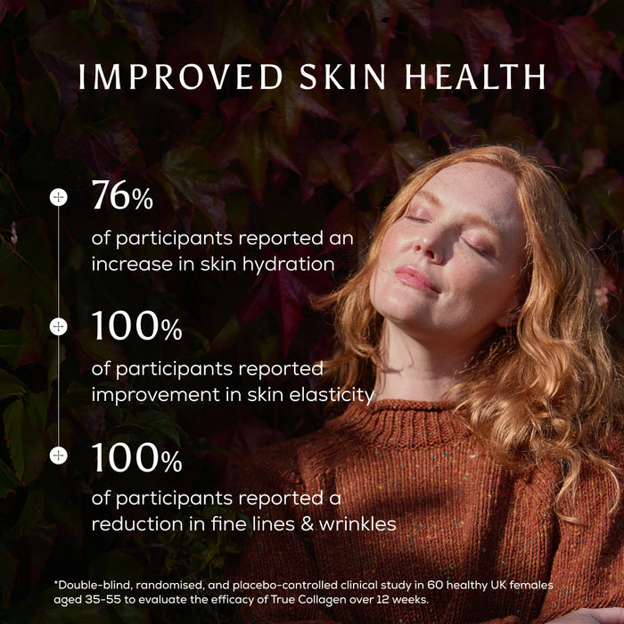 A woman with fair skin and red hair stands in sunlight with her eyes closed. Text beside her features skincare study results: participants using Ancient + Brave True Collagen experienced increased hydration, improved elasticity, and reduced fine lines.