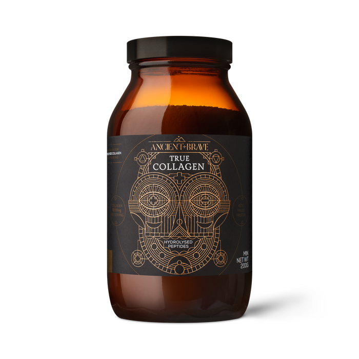 A brown jar labeled True Collagen by Ancient + Brave, featuring gold geometric designs and the text “Hydrolyzed Peptides” on a black label, is photographed against a white background. This product contains hydrolysed bovine collagen, with a focus on Type I collagen peptides.