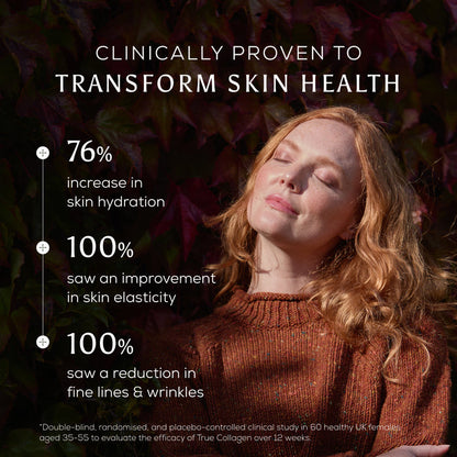 A fair-skinned, red-haired woman stands outside with eyes closed, basking in sunlight. Text highlights True Collagen benefits: 76% more hydrated skin, 100% improved elasticity, and 100% reduction in wrinkles.