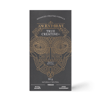 A black Ancient + Brave True Creatine+ Sachets box with a gold geometric design, featuring 18 x 5g vegan sachets (90g total), Naturally Neutral, supporting energy and cognitive health. Labeled Daily Ritual.