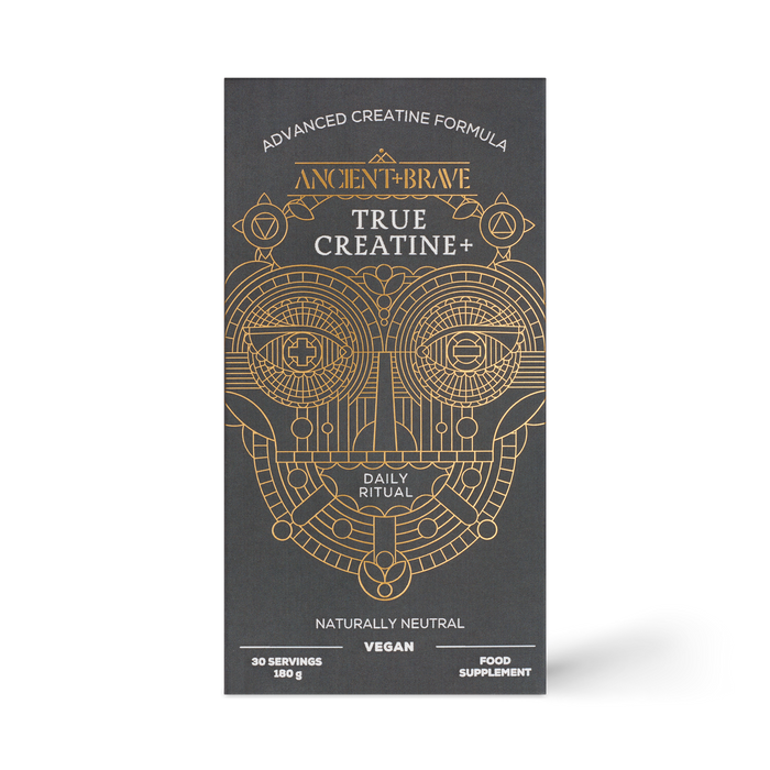 Ancient + Brave True Creatine+ features black and gold packaging with a geometric owl. This vegan supplement contains creatine for muscle health, is naturally neutral, offers 30 servings, and supports your daily ritual.