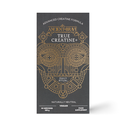 Ancient + Brave True Creatine+ features black and gold packaging with a geometric owl. This vegan supplement contains creatine for muscle health, is naturally neutral, offers 30 servings, and supports your daily ritual.