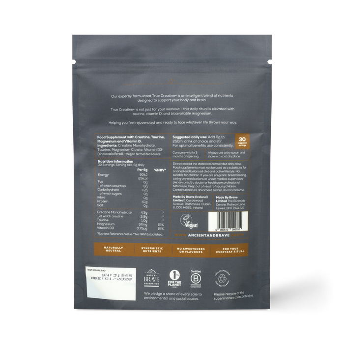 The back of a True Creatine+ black pouch displays white and orange text with nutritional info, suggested use, ingredients for muscle and cognitive health, certifications, branding, and several icons and logos at the bottom.