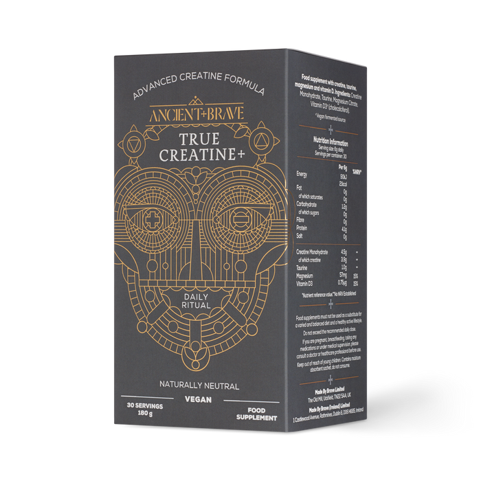 A black and gold Ancient + Brave True Creatine+ box featuring a geometric design, labeled vegan, food supplement, 30 servings (180g), with creatine for muscle health. Nutrition facts and ingredients are listed on the side.
