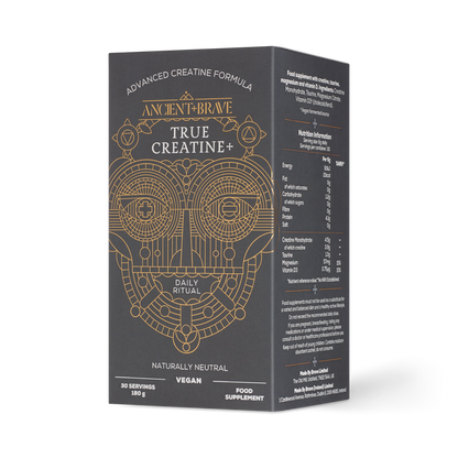 A black and gold Ancient + Brave True Creatine+ box featuring a geometric design, labeled vegan, food supplement, 30 servings (180g), with creatine for muscle health. Nutrition facts and ingredients are listed on the side.