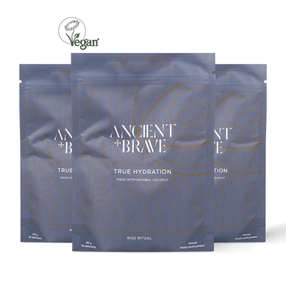 Three stand-up pouches of Ancient + Brave True Hydration food supplement arranged in a fan shape against a solid black background. The packaging is a muted slate blue-gray with white text and gold line-art patterns.