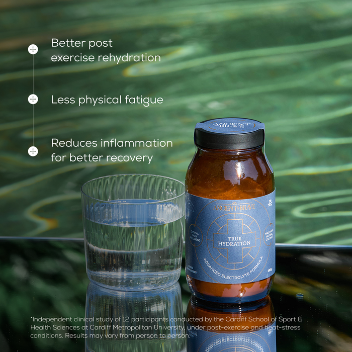 A glass and a jar of Ancient + Brave True Hydration - 3 Pack rest on a reflective surface, accompanied by text showcasing benefits such as rapid rehydration, improved post-exercise recovery, reduced fatigue, and less inflammation—powered by a blend of coconut water and essential electrolytes.